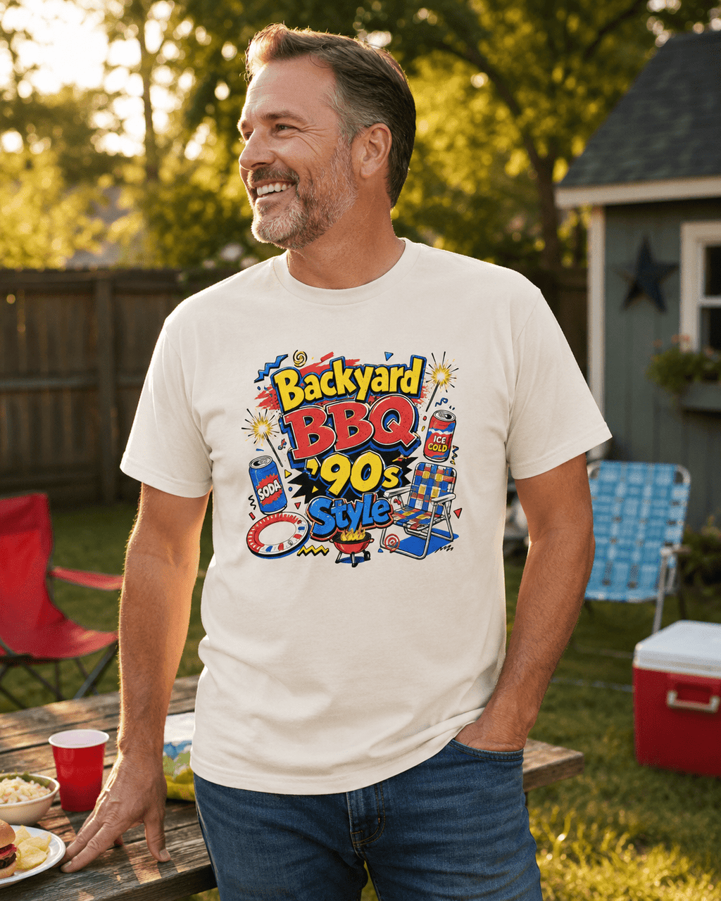 Backyard BBQ 90s Style 4th of July Tee | Retro Patriotic Tee for Cookouts & Summer Parties - Moment Wear Company - T-SHIRT -