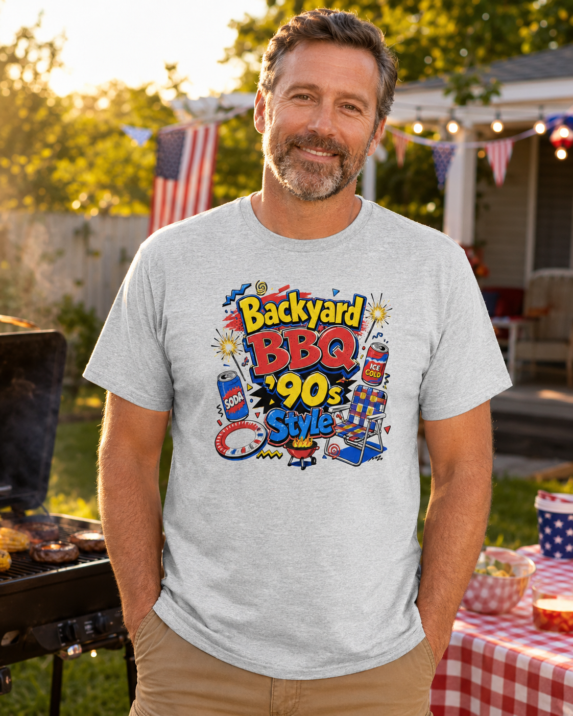 Backyard BBQ 90s Style 4th of July Tee | Retro Patriotic Tee for Cookouts & Summer Parties - Moment Wear Company - T-SHIRT -
