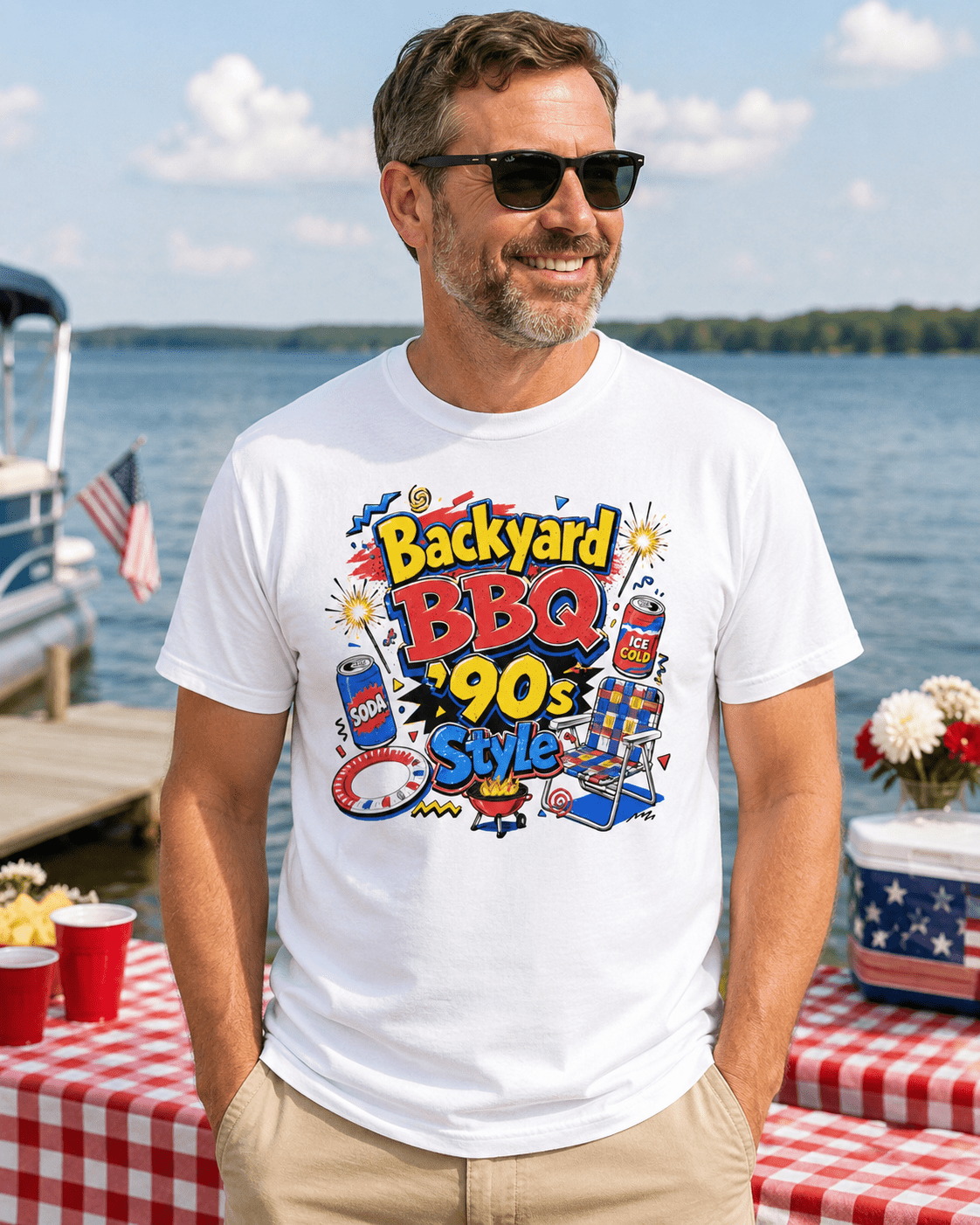 Backyard BBQ 90s Style 4th of July Tee | Retro Patriotic Tee for Cookouts & Summer Parties - Moment Wear Company - T-SHIRT -