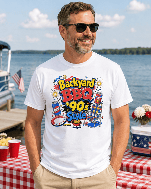 Backyard BBQ 90s Style 4th of July Tee | Retro Patriotic Tee for Cookouts & Summer Parties - Moment Wear Company - T-SHIRT -