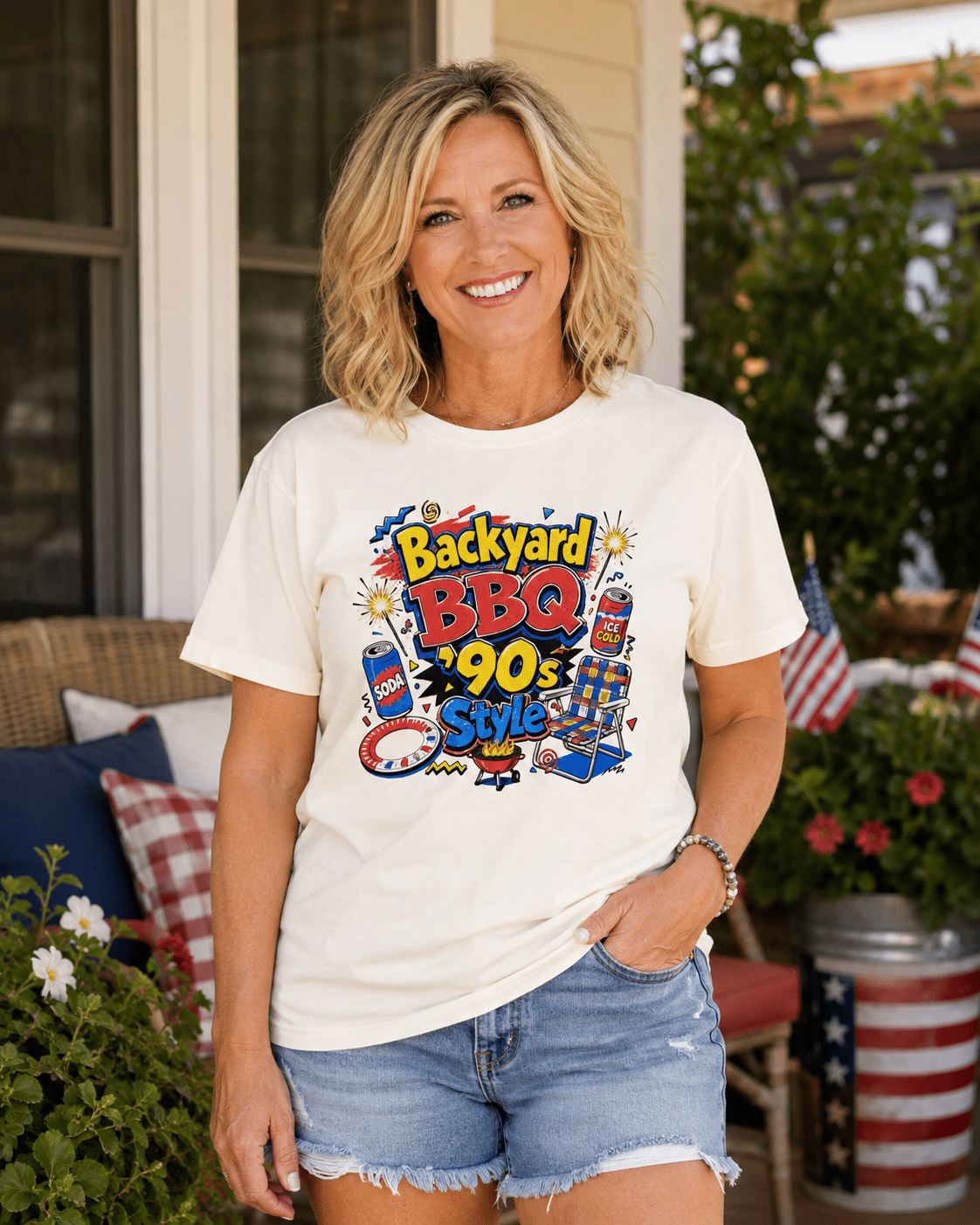 Backyard BBQ 90s Style 4th of July Tee | Retro Patriotic Tee for Cookouts & Summer Parties - Moment Wear Company - T-SHIRT -