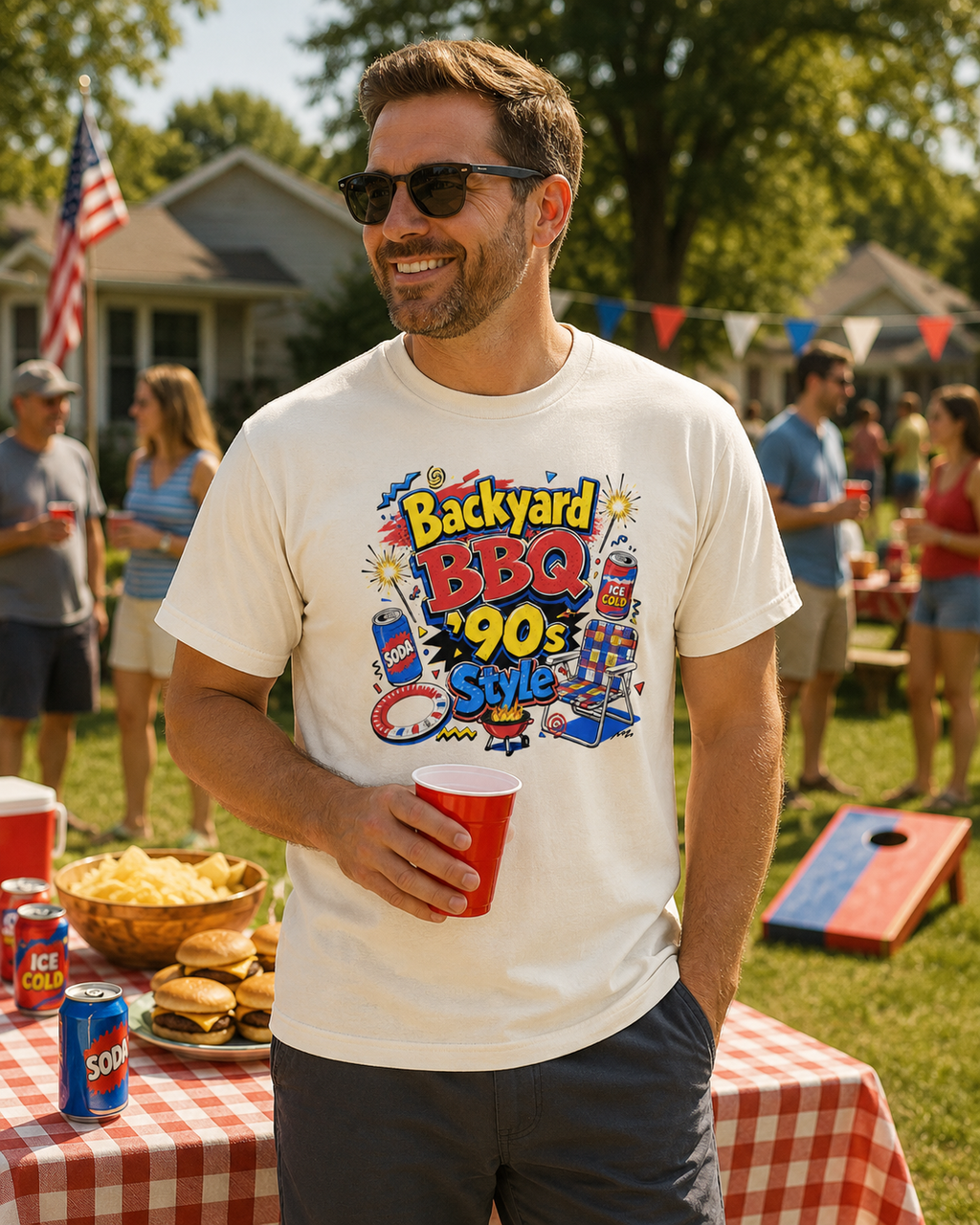 Backyard BBQ 90s Style 4th of July Tee | Retro Patriotic Tee for Cookouts & Summer Parties - Moment Wear Company - T-SHIRT -