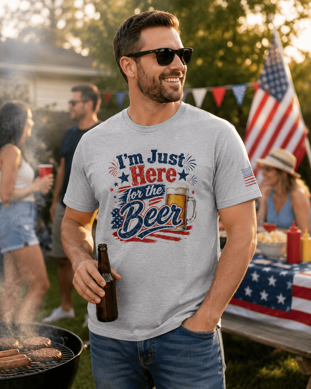 I’m Just Here for the Beer July 4th Shirt | Funny Patriotic BBQ Unisex Tee for Summer Parties - Moment Wear Company