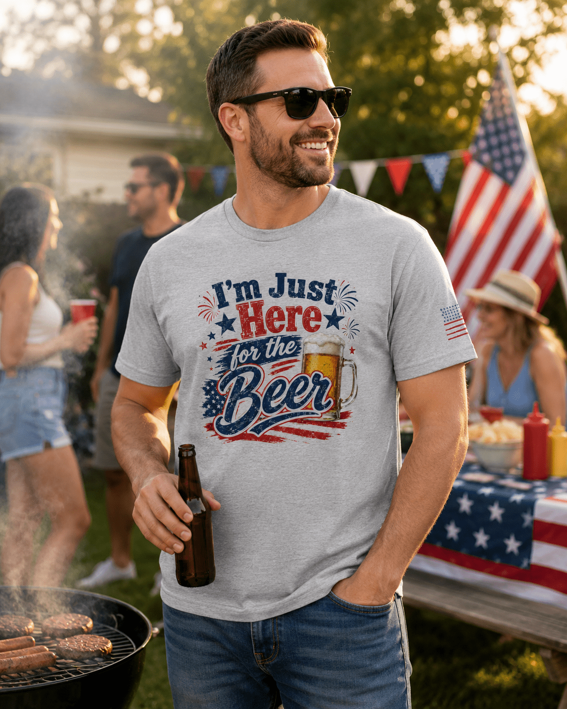I’m Just Here for the Beer July 4th Shirt | Funny Patriotic BBQ Unisex Tee for Summer Parties - Moment Wear Company