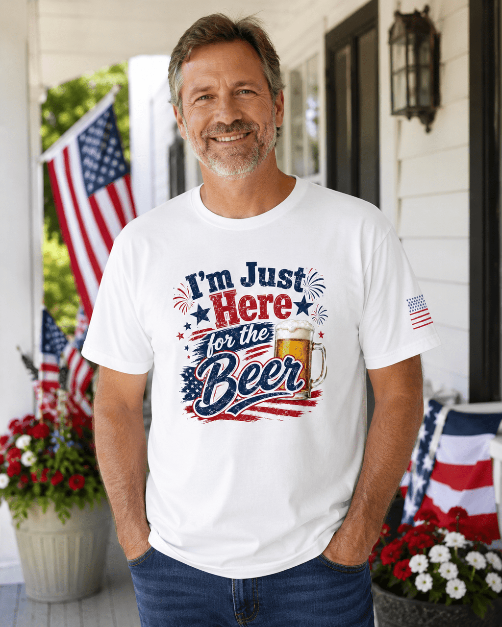 I’m Just Here for the Beer July 4th Shirt | Funny Patriotic BBQ Unisex Tee for Summer Parties - Moment Wear Company
