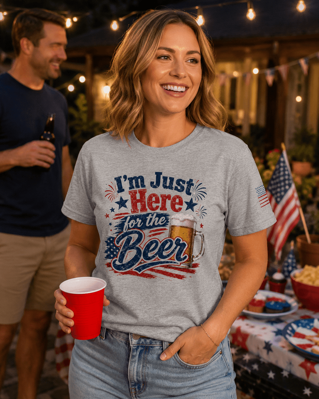 I’m Just Here for the Beer July 4th Shirt | Funny Patriotic BBQ Unisex Tee for Summer Parties - Moment Wear Company