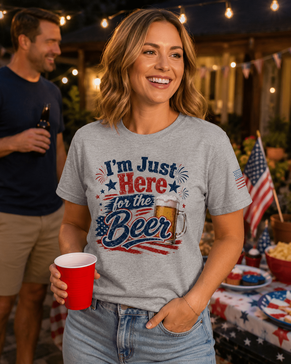 I’m Just Here for the Beer July 4th Shirt | Funny Patriotic BBQ Unisex Tee for Summer Parties - Moment Wear Company