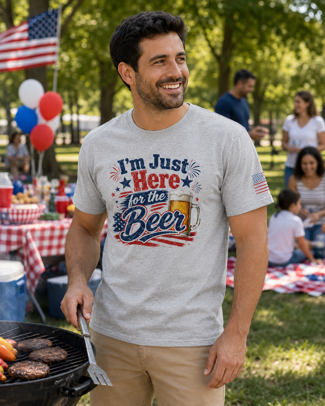 I’m Just Here for the Beer July 4th Shirt | Funny Patriotic BBQ Unisex Tee for Summer Parties - Moment Wear Company