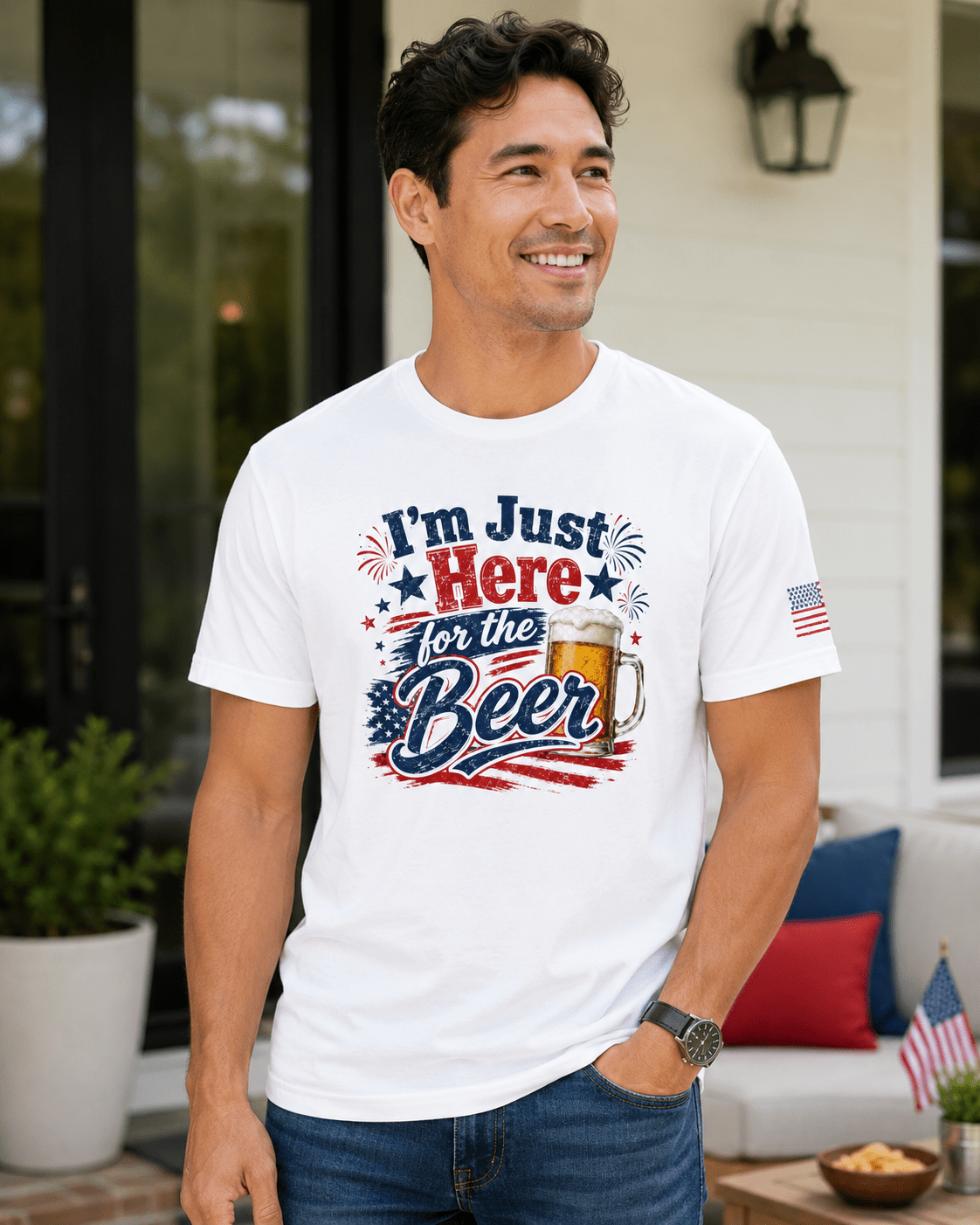 I’m Just Here for the Beer July 4th Shirt | Funny Patriotic BBQ Unisex Tee for Summer Parties - Moment Wear Company
