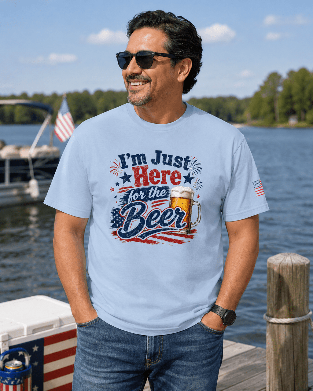 I’m Just Here for the Beer July 4th Shirt | Funny Patriotic BBQ Unisex Tee for Summer Parties - Moment Wear Company