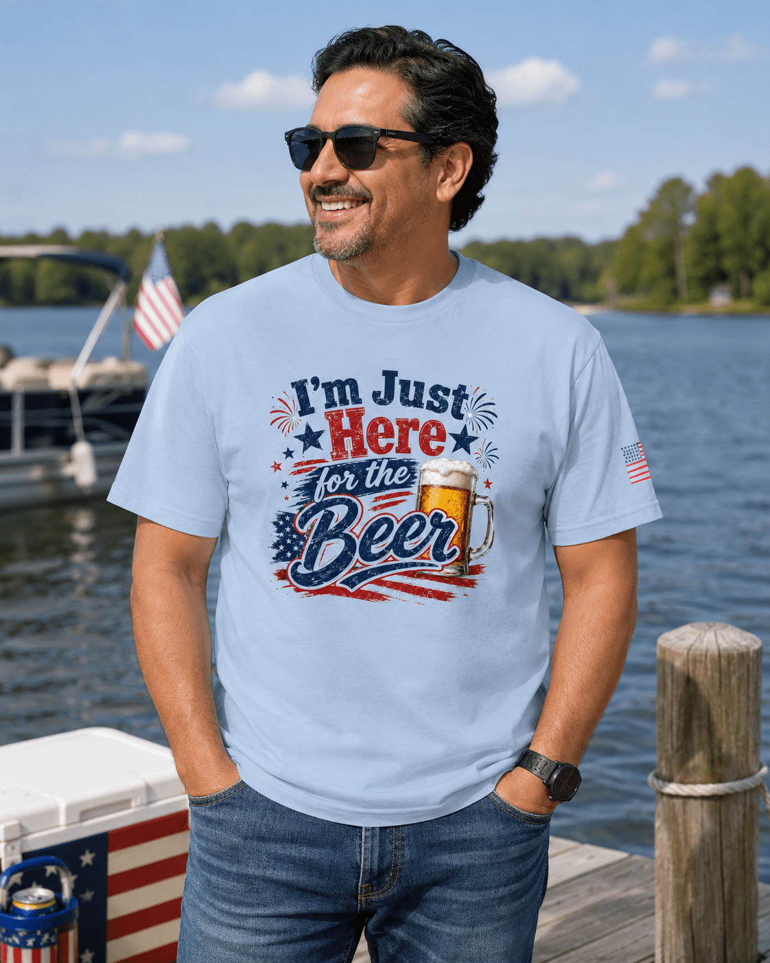 I’m Just Here for the Beer July 4th Shirt | Funny Patriotic BBQ Unisex Tee for Summer Parties - Moment Wear Company