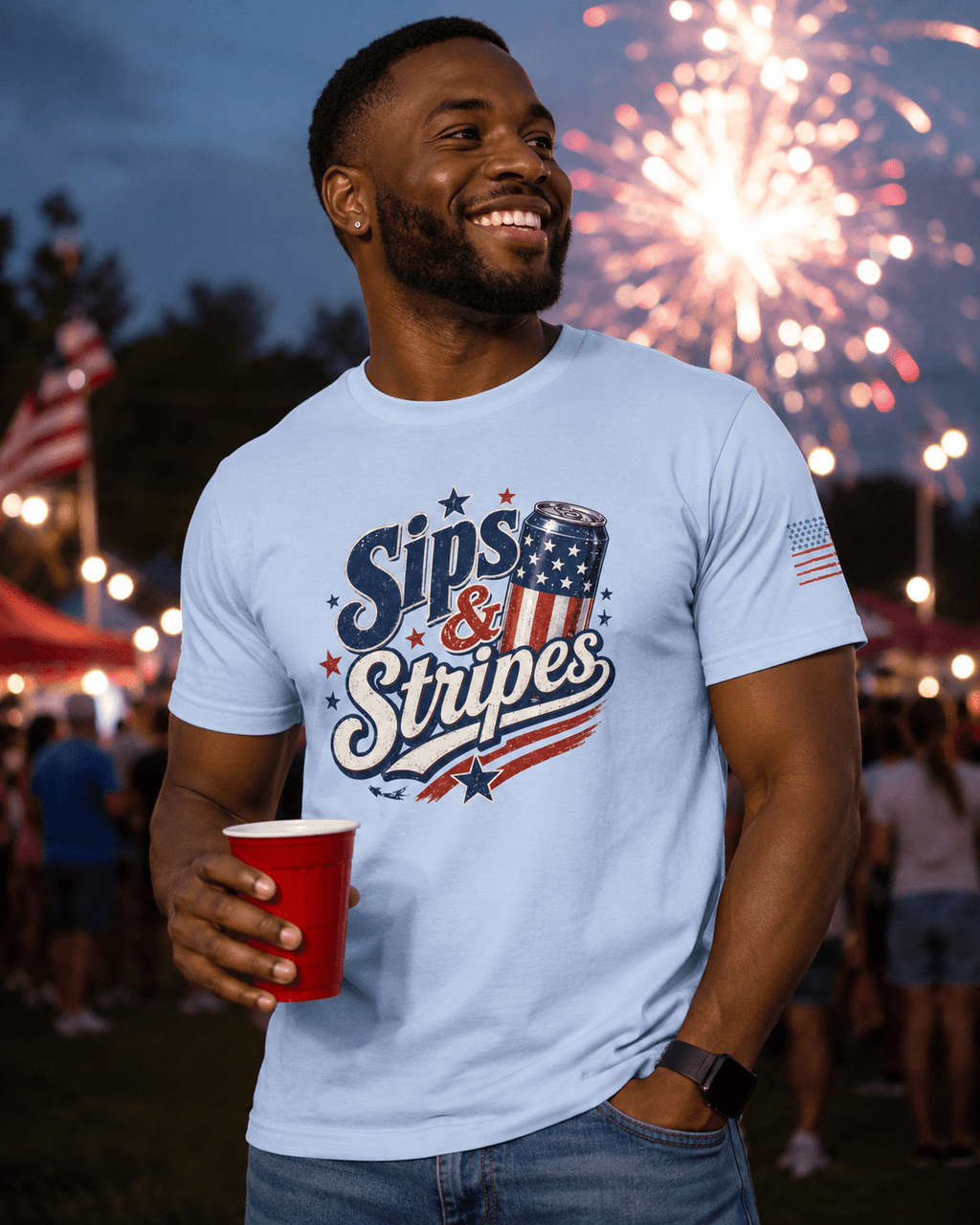 Sips & Stripes July 4th Shirt | The Easy Patriotic Tee for Cookouts, Cold Drinks & Fireworks Night - Moment Wear Company