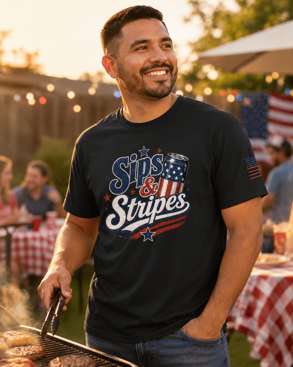 Sips & Stripes July 4th Shirt | The Easy Patriotic Tee for Cookouts, Cold Drinks & Fireworks Night - Moment Wear Company