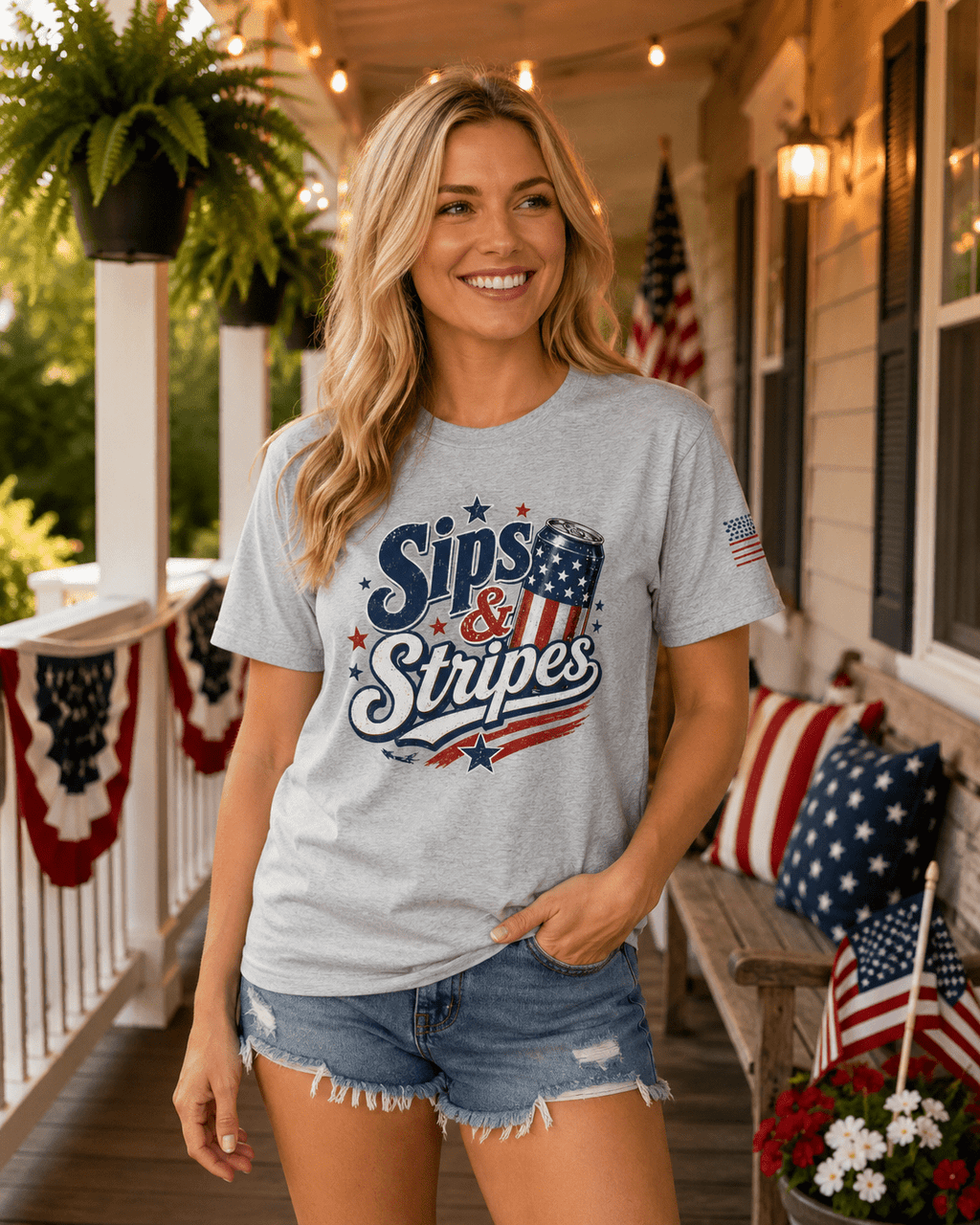 Sips & Stripes July 4th Shirt | The Easy Patriotic Tee for Cookouts, Cold Drinks & Fireworks Night - Moment Wear Company