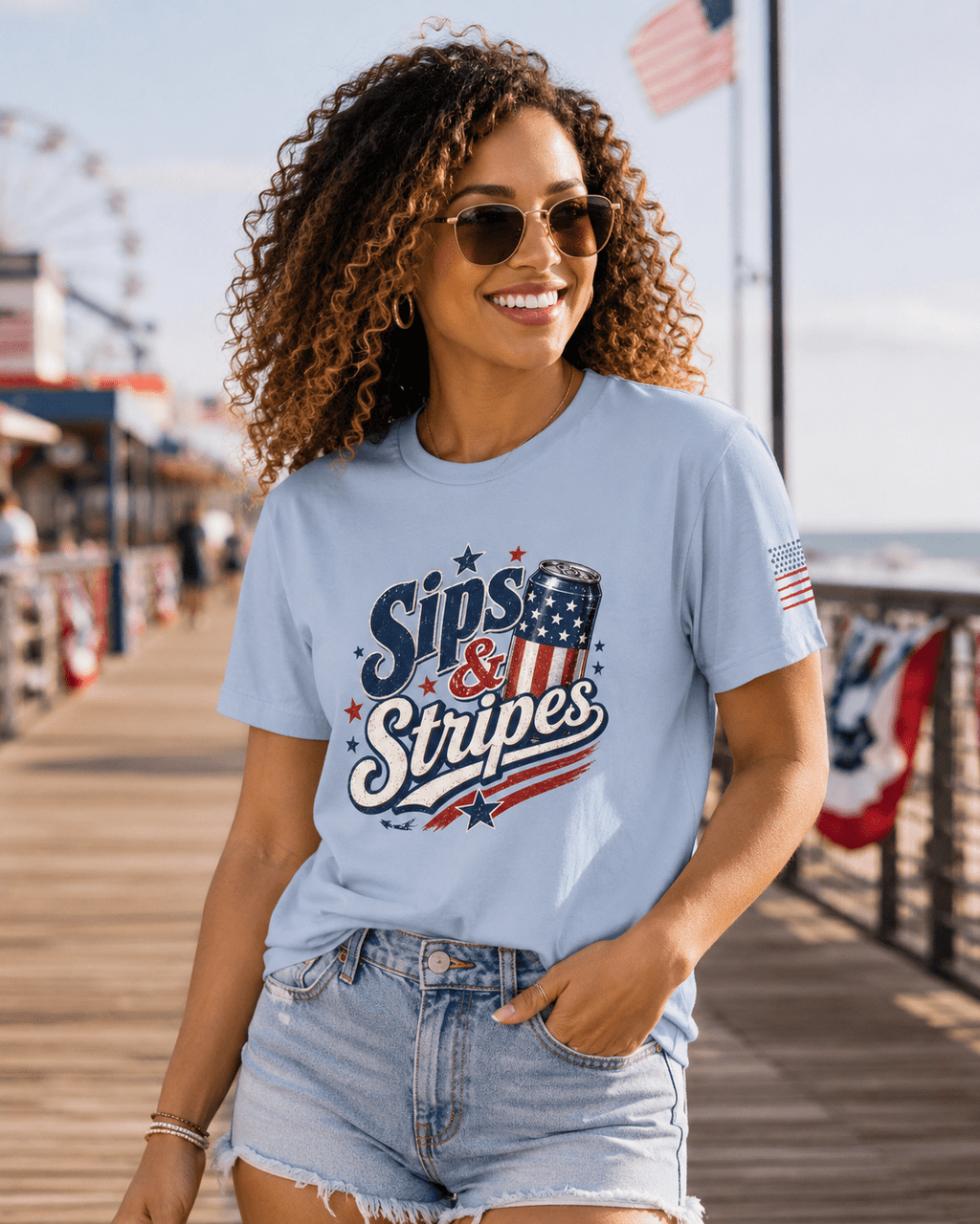 Sips & Stripes July 4th Shirt | The Easy Patriotic Tee for Cookouts, Cold Drinks & Fireworks Night - Moment Wear Company