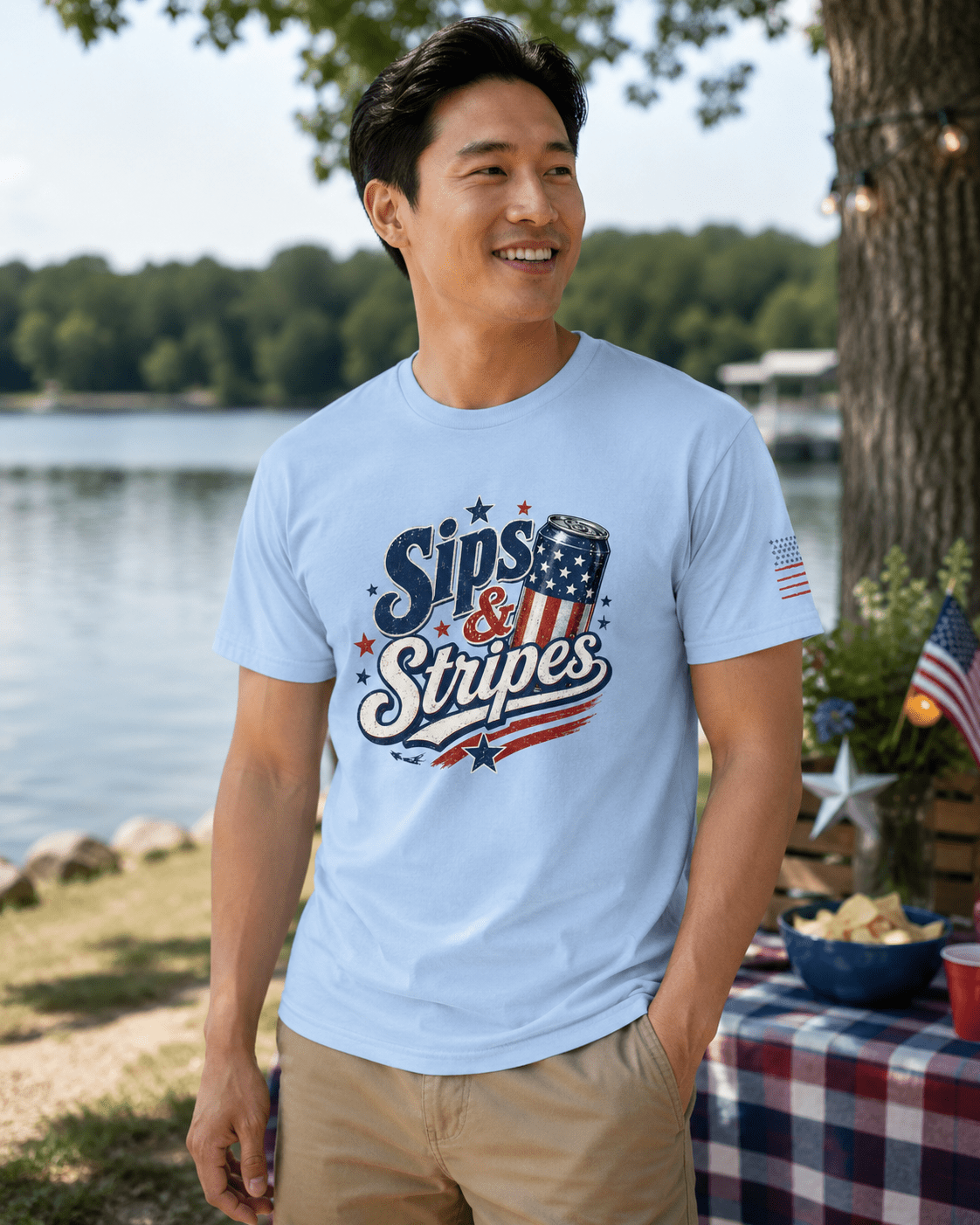 Sips & Stripes July 4th Shirt | The Easy Patriotic Tee for Cookouts, Cold Drinks & Fireworks Night - Moment Wear Company