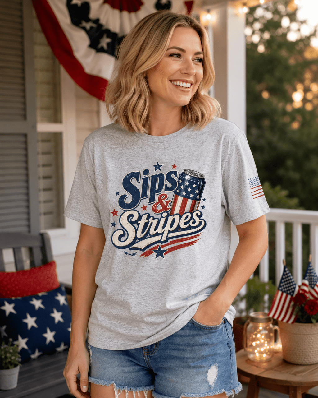 Sips & Stripes July 4th Shirt | The Easy Patriotic Tee for Cookouts, Cold Drinks & Fireworks Night - Moment Wear Company