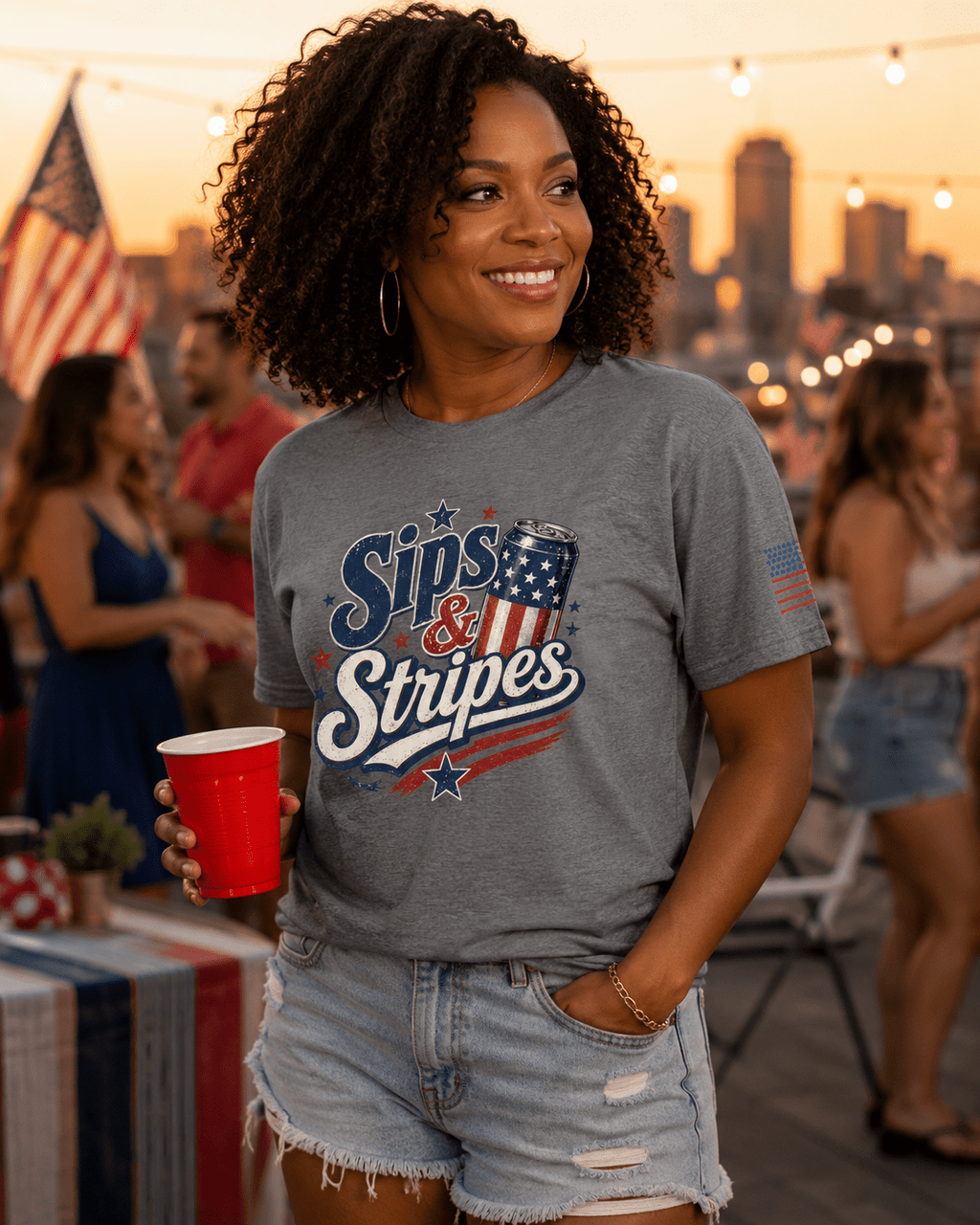 Sips & Stripes July 4th Shirt | The Easy Patriotic Tee for Cookouts, Cold Drinks & Fireworks Night - Moment Wear Company