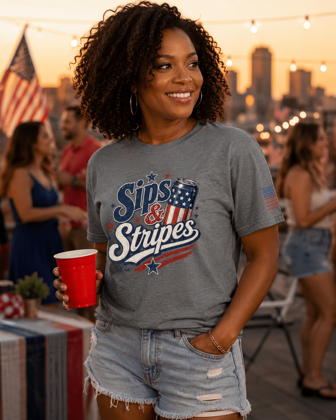 Sips & Stripes July 4th Shirt | The Easy Patriotic Tee for Cookouts, Cold Drinks & Fireworks Night - Moment Wear Company