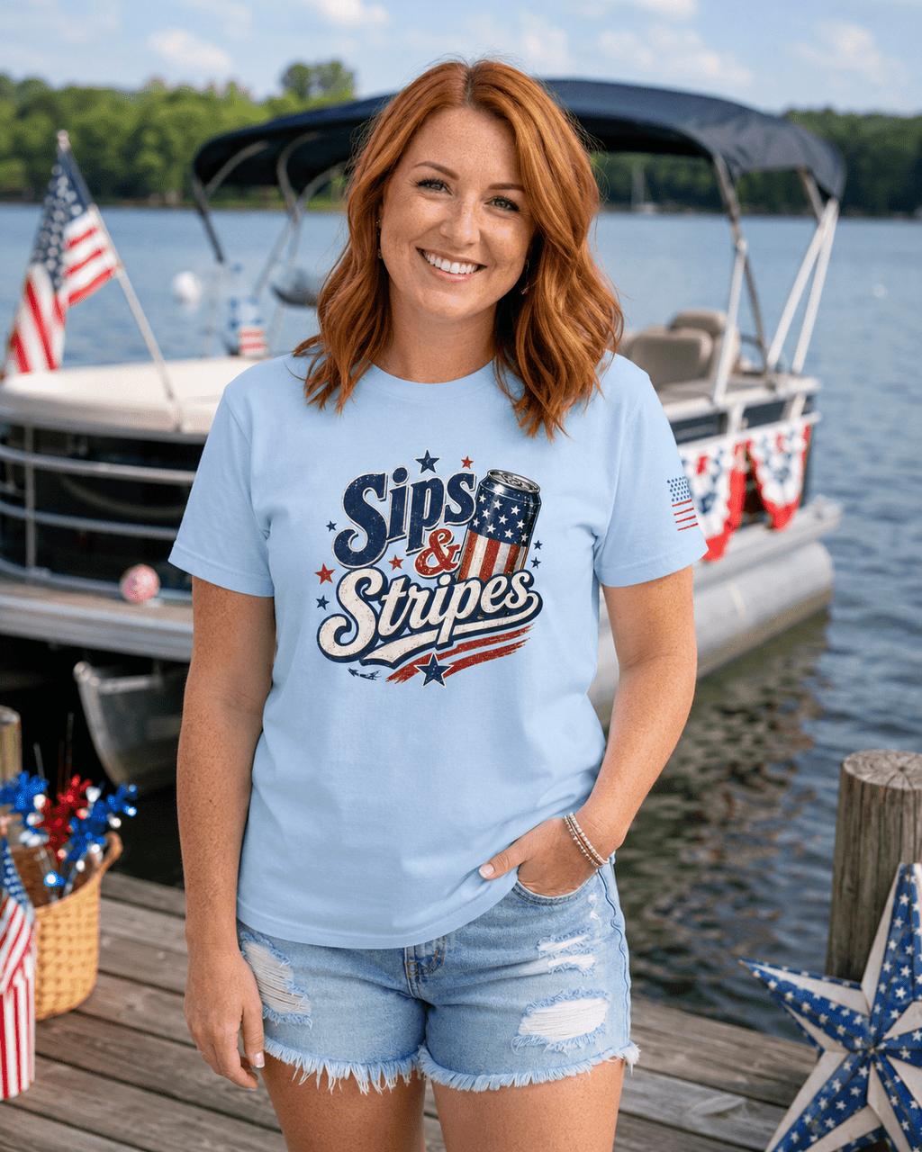 Sips & Stripes July 4th Shirt | The Easy Patriotic Tee for Cookouts, Cold Drinks & Fireworks Night - Moment Wear Company
