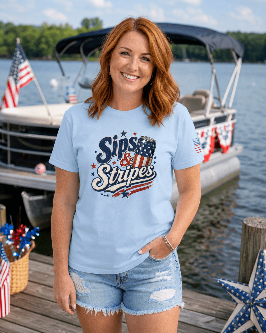 Sips & Stripes July 4th Shirt | The Easy Patriotic Tee for Cookouts, Cold Drinks & Fireworks Night - Moment Wear Company
